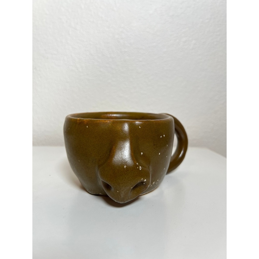 Vintage Studio Pottery Nose Mug Signed Olive Brown Glazed Ceramic Artisan Cup